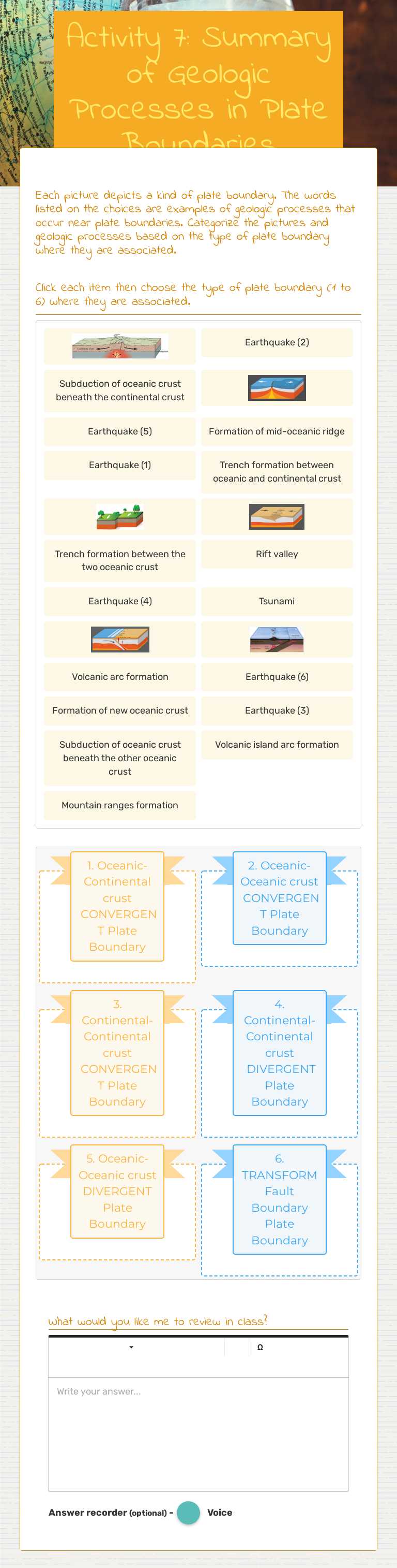 Activity 7: Summary of Geologic Processes in Plate Boundaries worksheet preview image