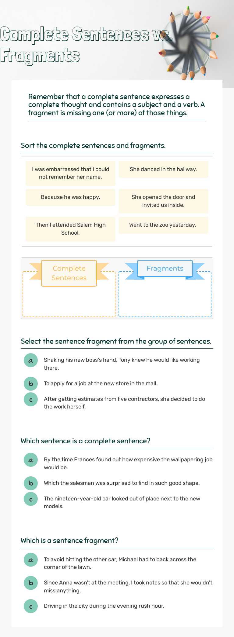 Complete Sentences vs. Fragments worksheet preview image