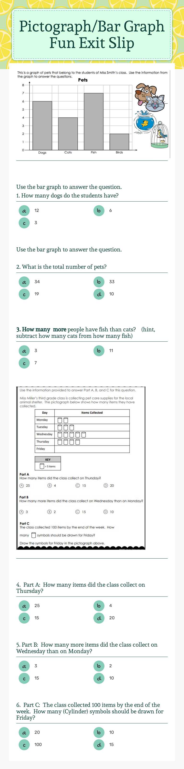 Pictograph/Bar Graph Fun Exit Slip Grade 2 worksheet preview