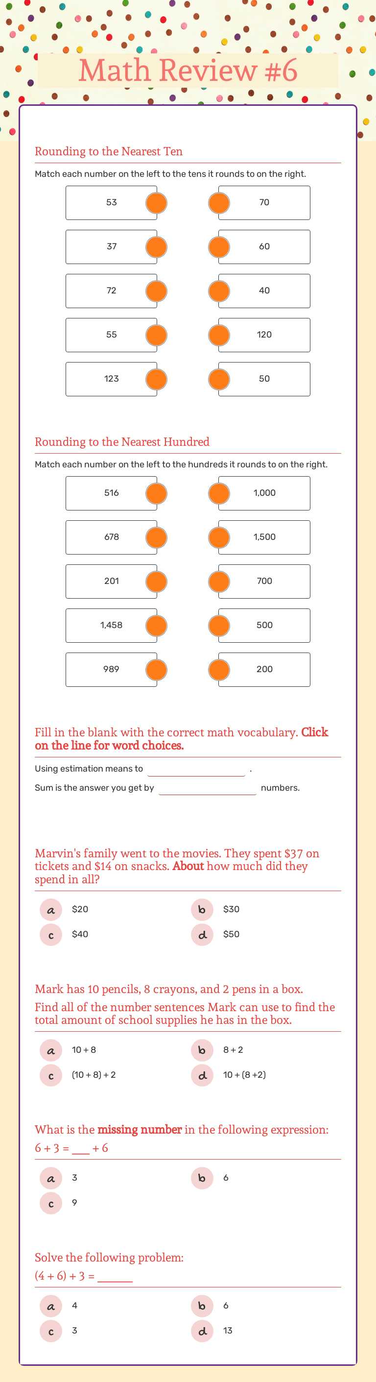 Math Review #6 Grade 3 worksheet preview