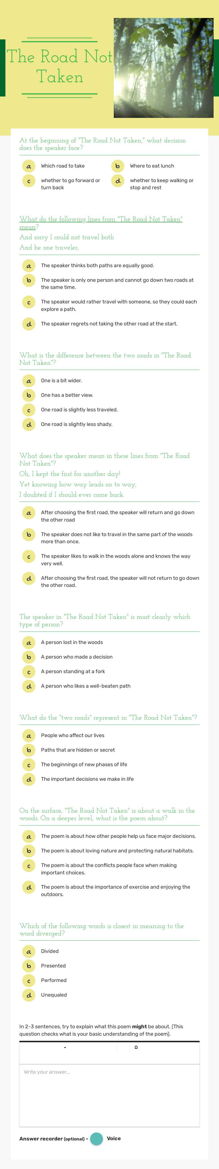 The Road Not Taken Grade 8 worksheet preview