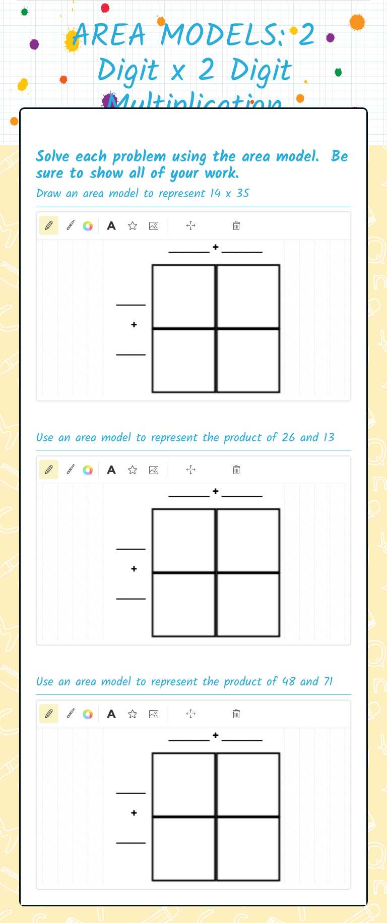 AREA MODELS:    2 Digit x 2 Digit Multiplication worksheet preview image
