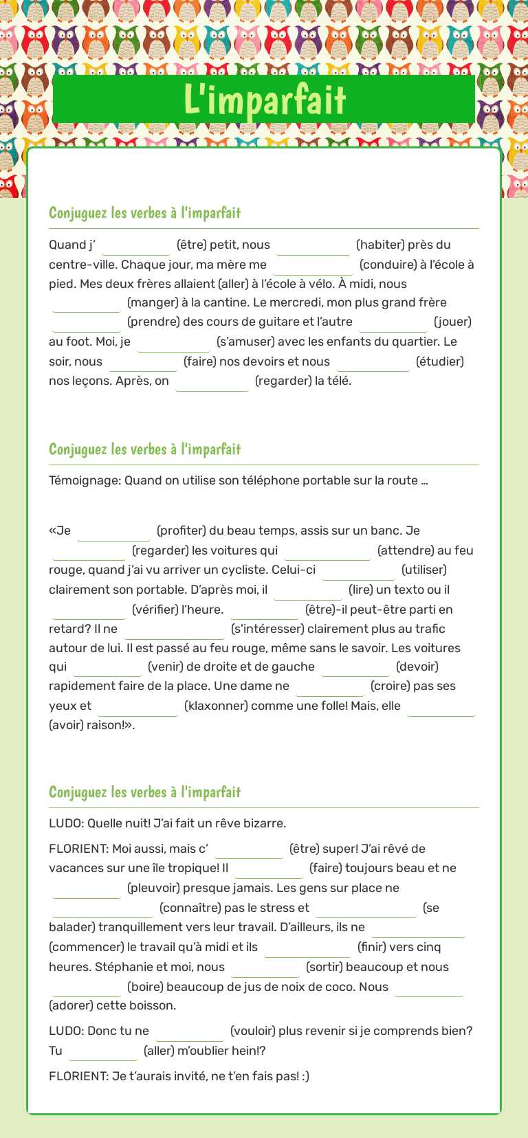 L'imparfait Grade 6 worksheet preview