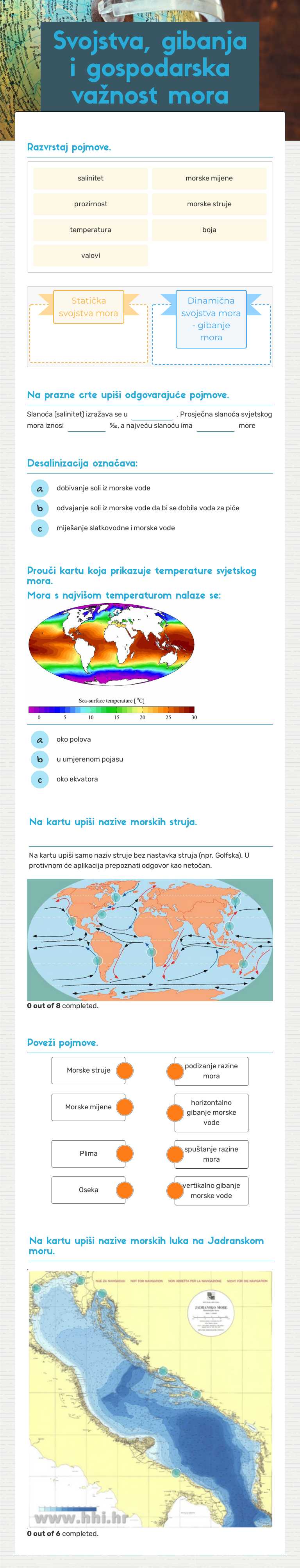 Svojstva, gibanja i gospodarska važnost mora worksheet preview image