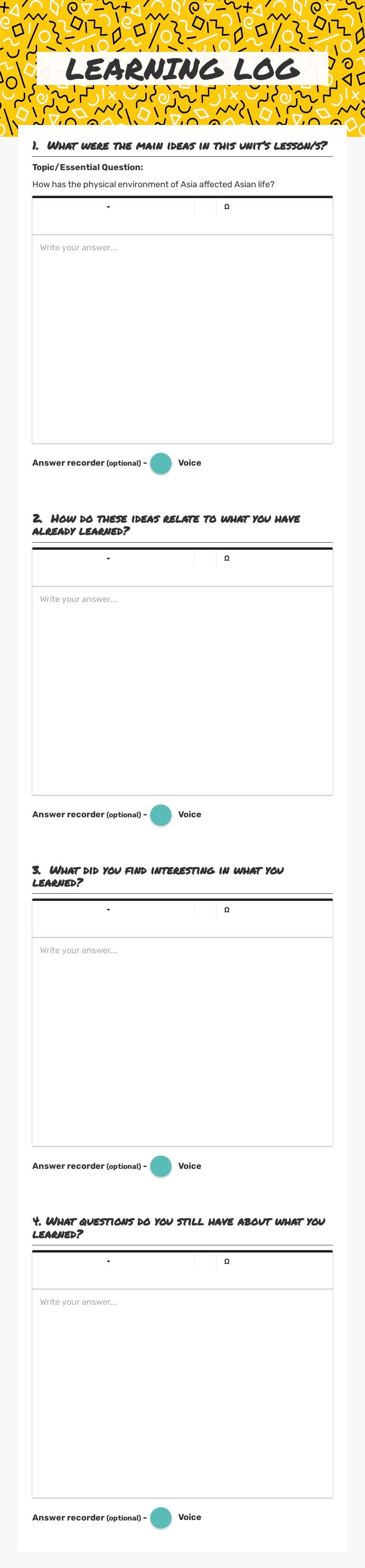 LEARNING LOG worksheet preview image