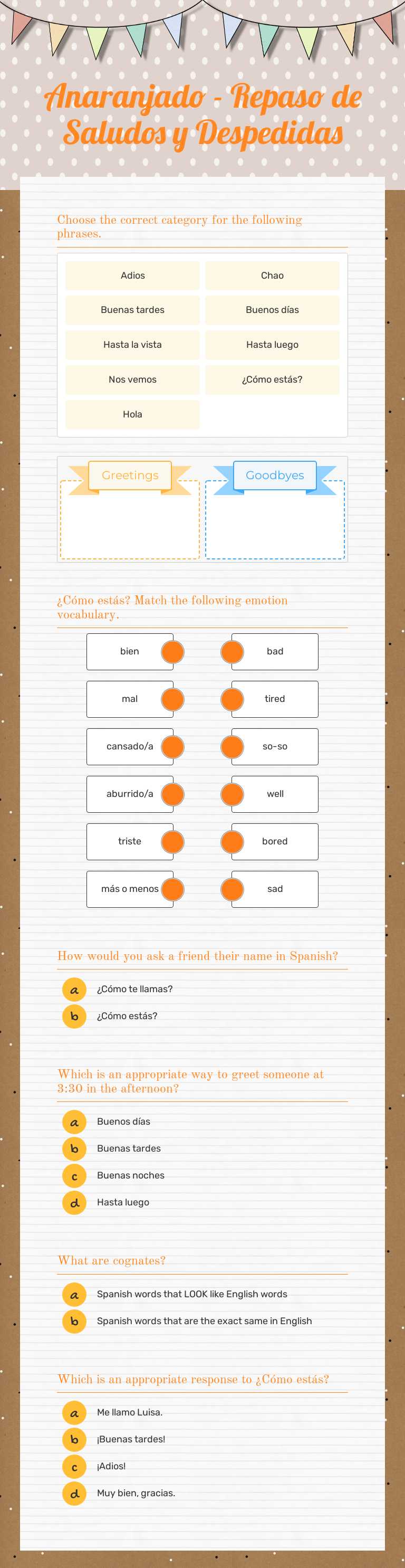 Anaranjado - Repaso de Saludos y Despedidas Grade 7 worksheet preview