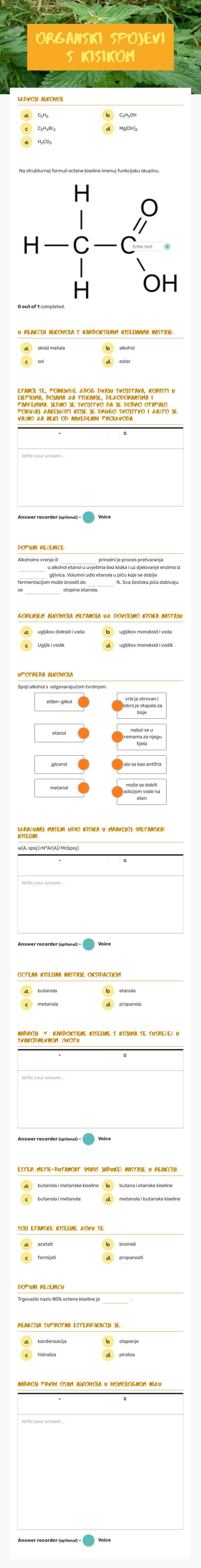 Organski spojevi s kisikom Grade 8 worksheet preview