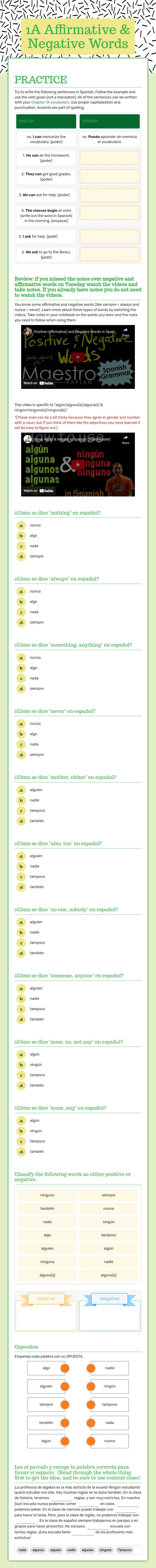 1A Affirmative & Negative Words worksheet preview image