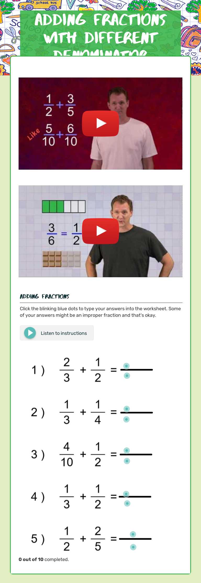 Adding fractions with different denominator Grade 5 worksheet preview