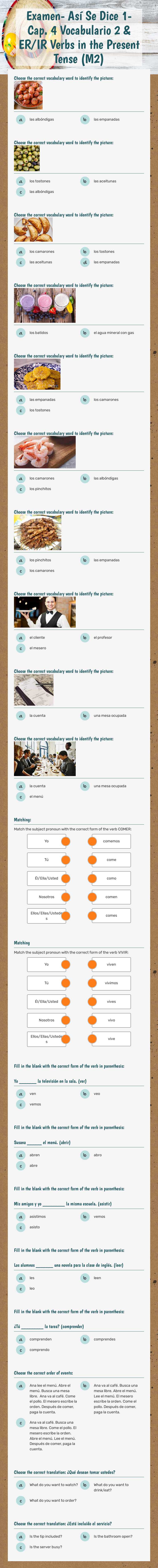 Examen- Así Se Dice 1- Cap. 4 Vocabulario 2 & ER/IR Verbs in the Present Tense (M2) worksheet preview image