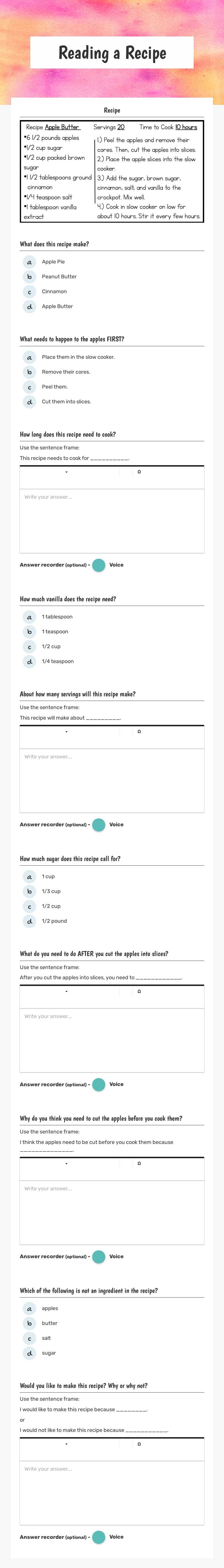 Reading a Recipe worksheet preview image
