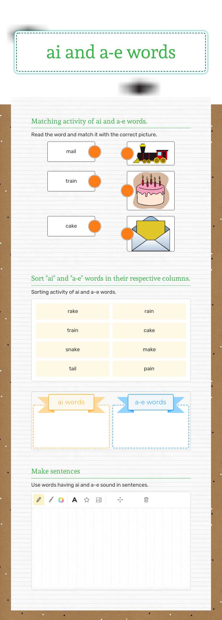 ai and a-e words worksheet preview image