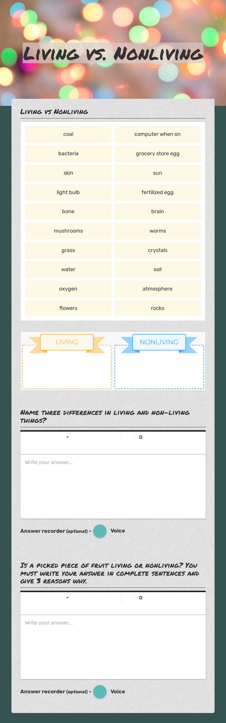 Living vs. Nonliving worksheet preview image