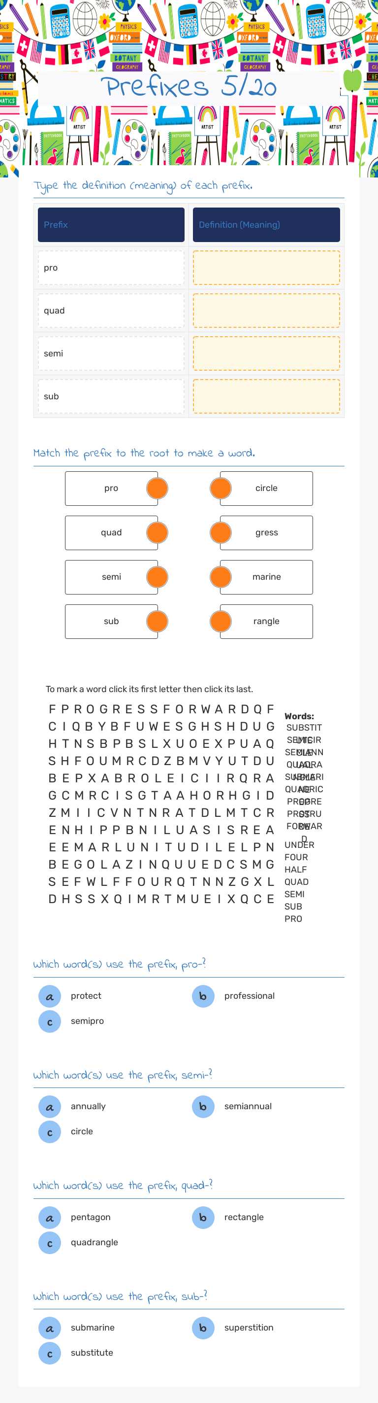 Prefixes 5/20 worksheet preview image