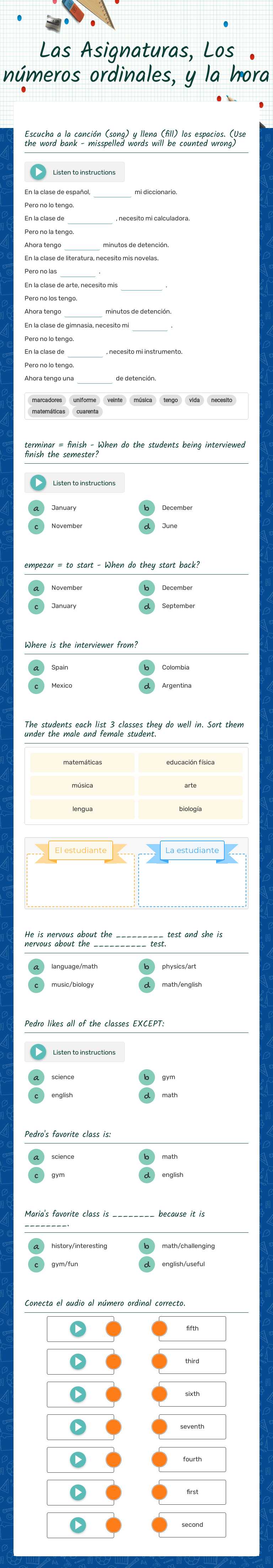 Las Asignaturas, Los números ordinales, y la hora Grade 10 worksheet preview