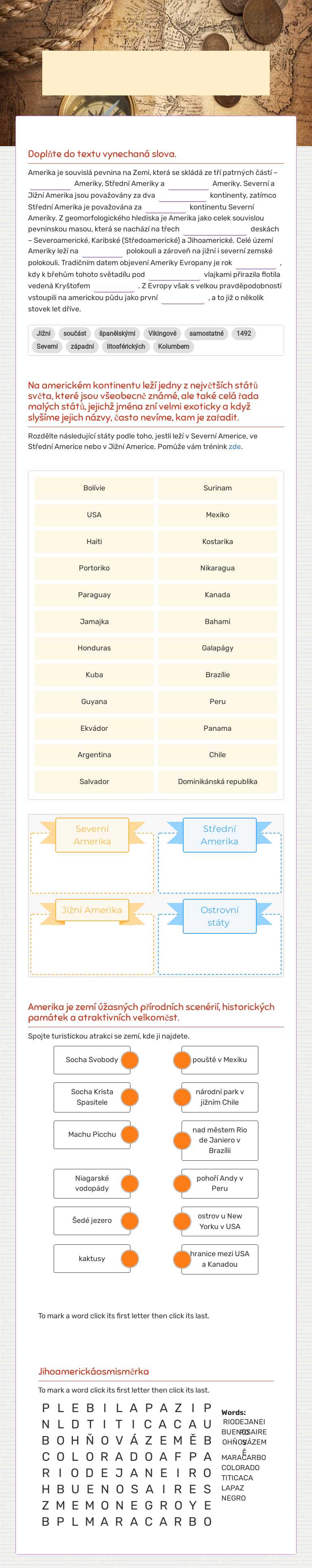 Opakování  Severní a Jižní Amerika worksheet preview image
