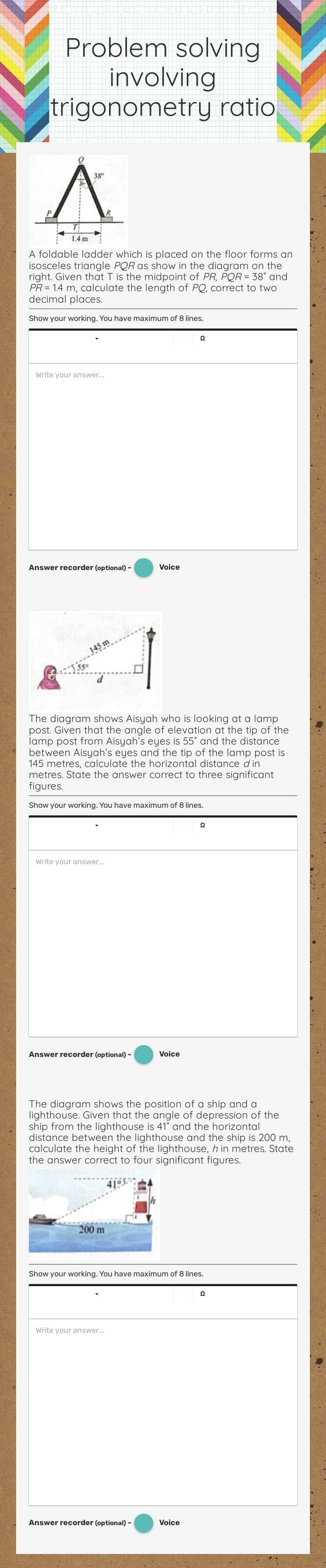 Problem solving involving trigonometry ratio Grade 10 worksheet preview