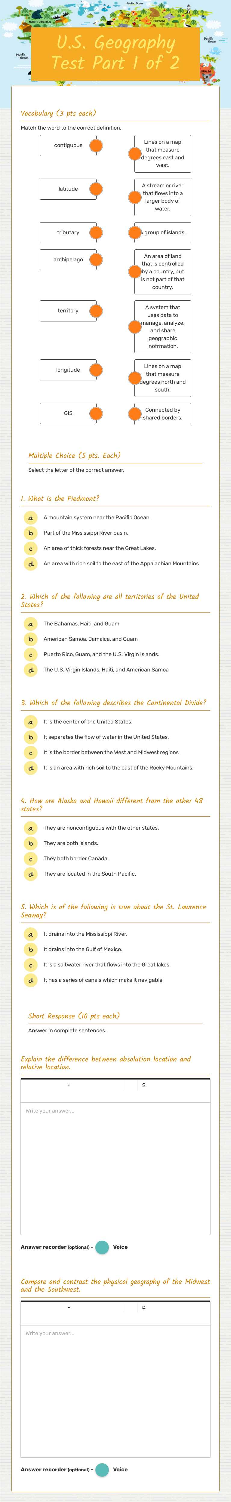 U.S. Geography Test Part 1 of 2 worksheet preview image