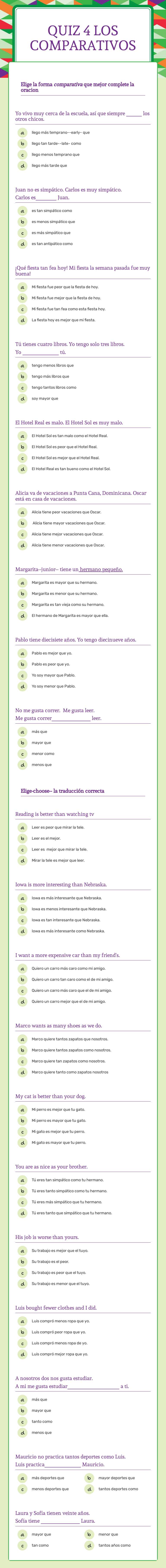 Quiz 4
los comparativos worksheet preview image