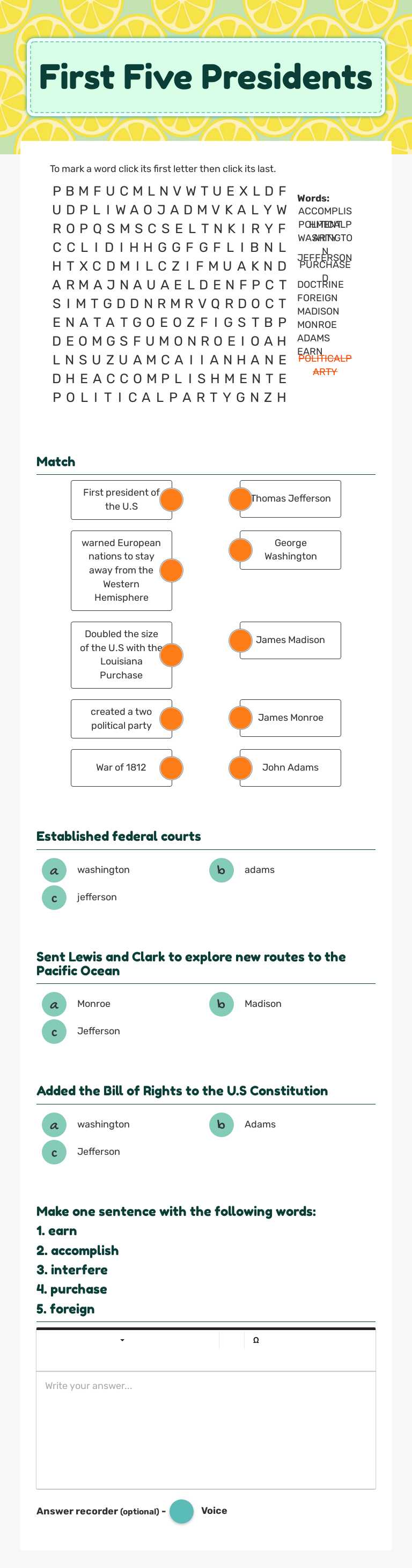 First Five Presidents worksheet preview image