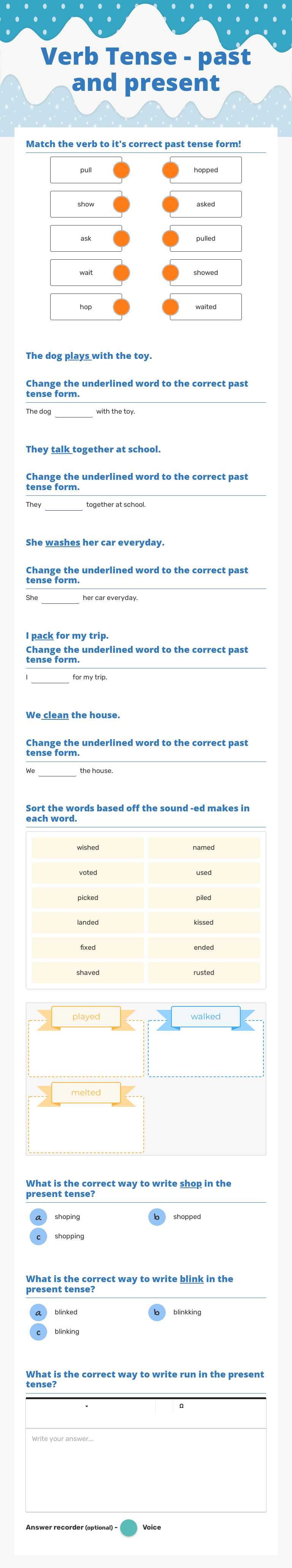 Verb Tense - past and present Grade 2 worksheet preview