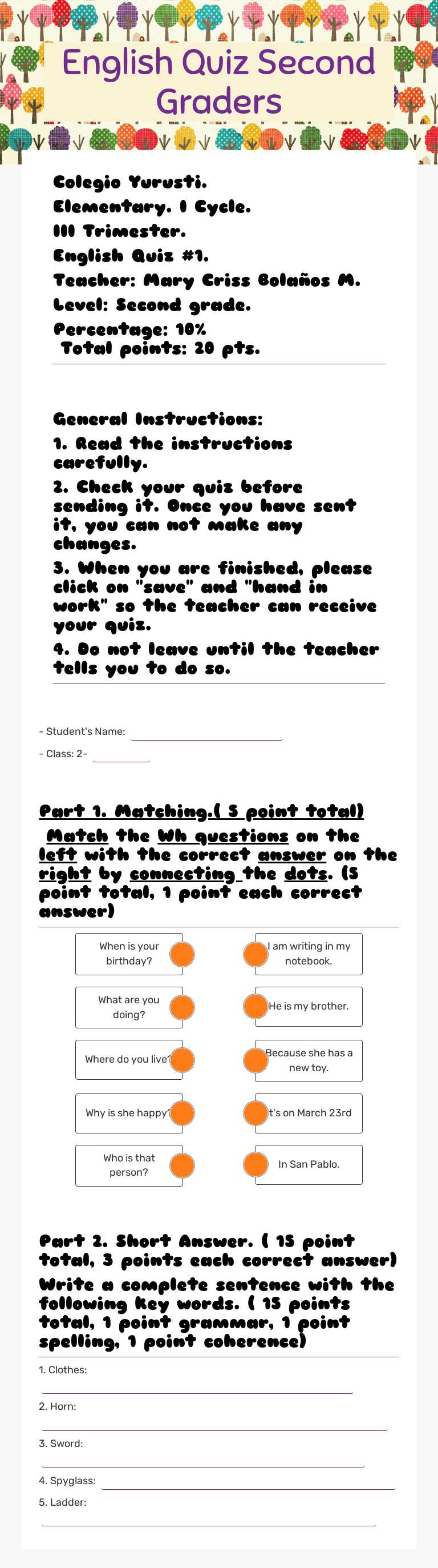 English Quiz         Second Graders Grade 2 worksheet preview