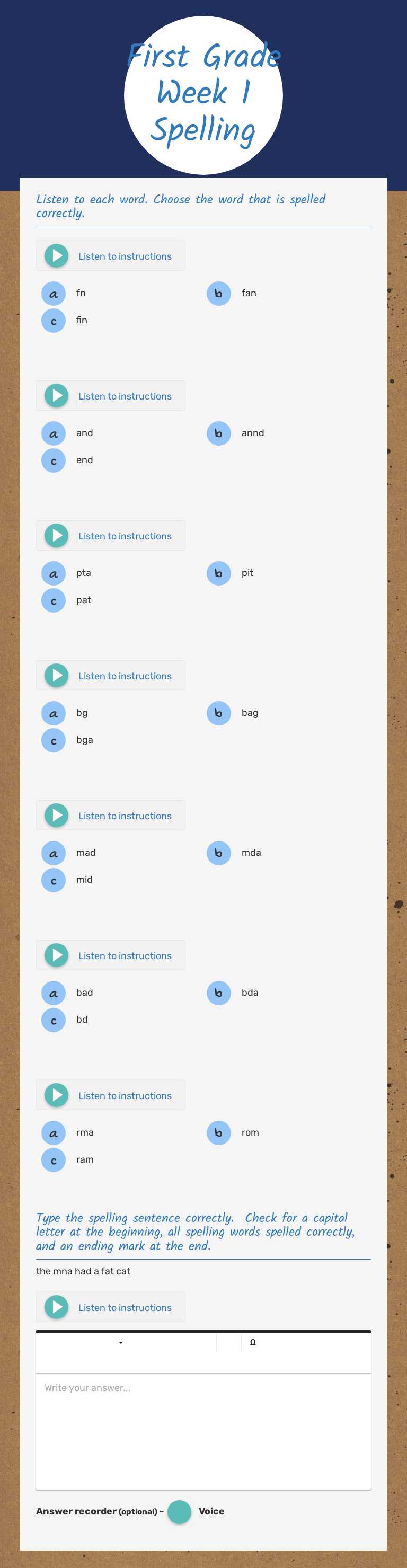 First Grade Week 1 Spelling worksheet preview image