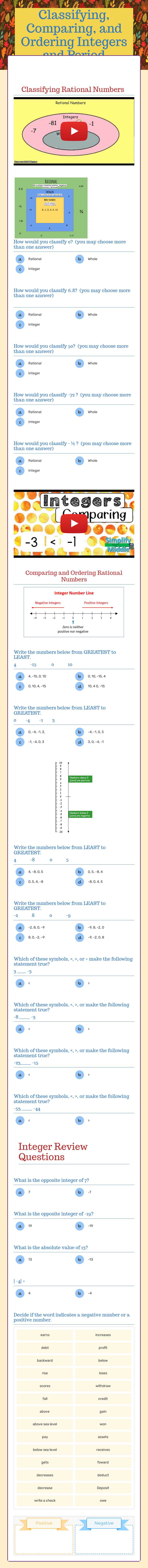 Classifying, Comparing, and Ordering Integers 2nd Period worksheet preview image