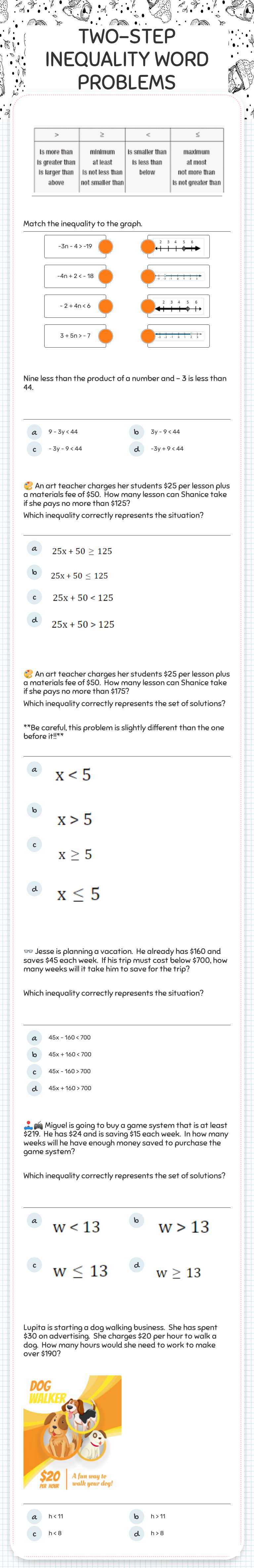 TWO-STEP INEQUALITY WORD PROBLEMS worksheet preview image