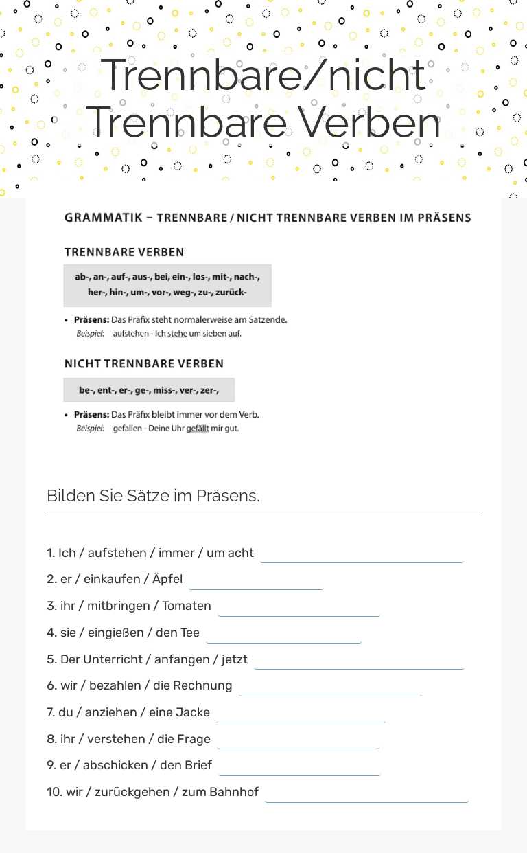 Trennbare/nicht Trennbare Verben Grade 8 worksheet preview