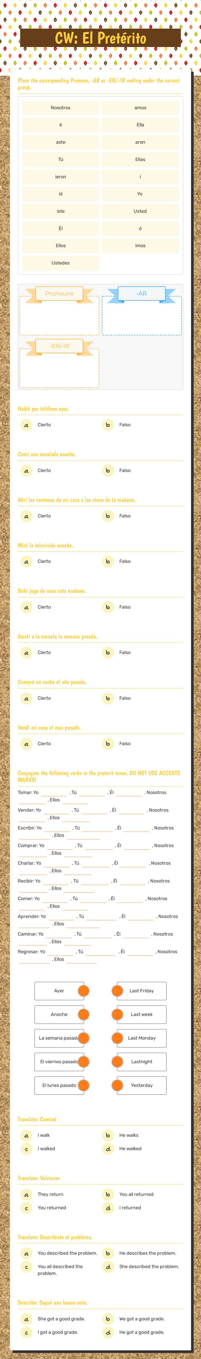 CW: El Pretérito worksheet preview image