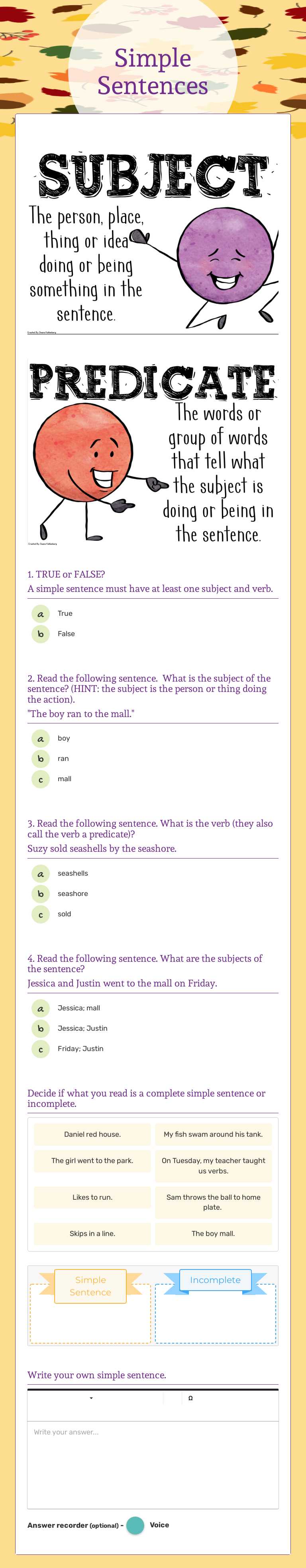 Simple Sentences worksheet preview image