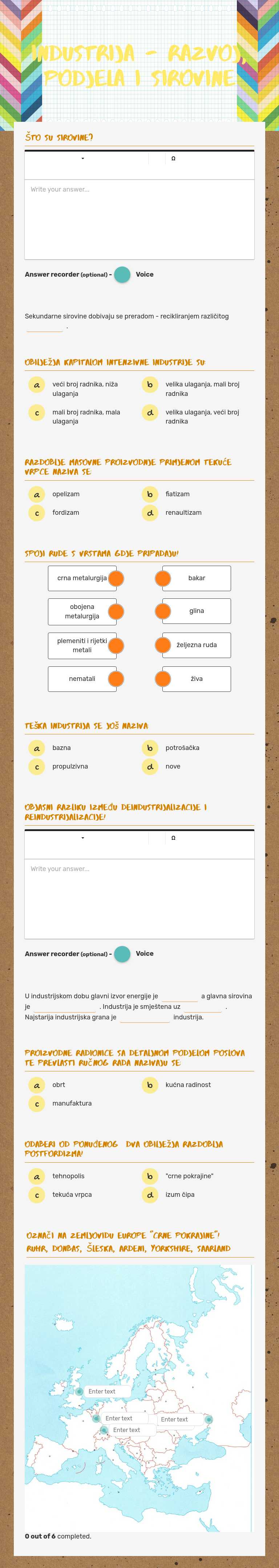 Industrija - razvoj, podjela i sirovine worksheet preview image