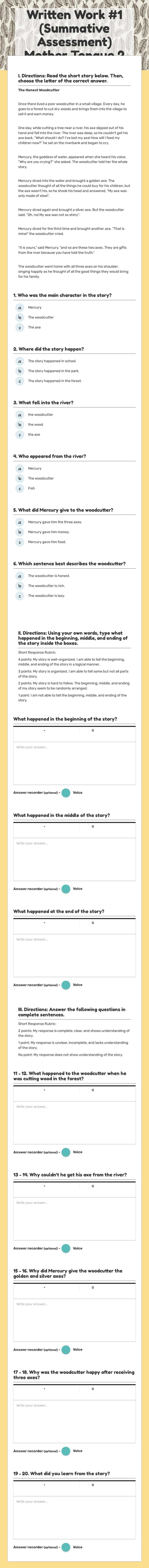 Written Work #1 (Summative Assessment) Mother Tongue 2 Grade 2 worksheet preview