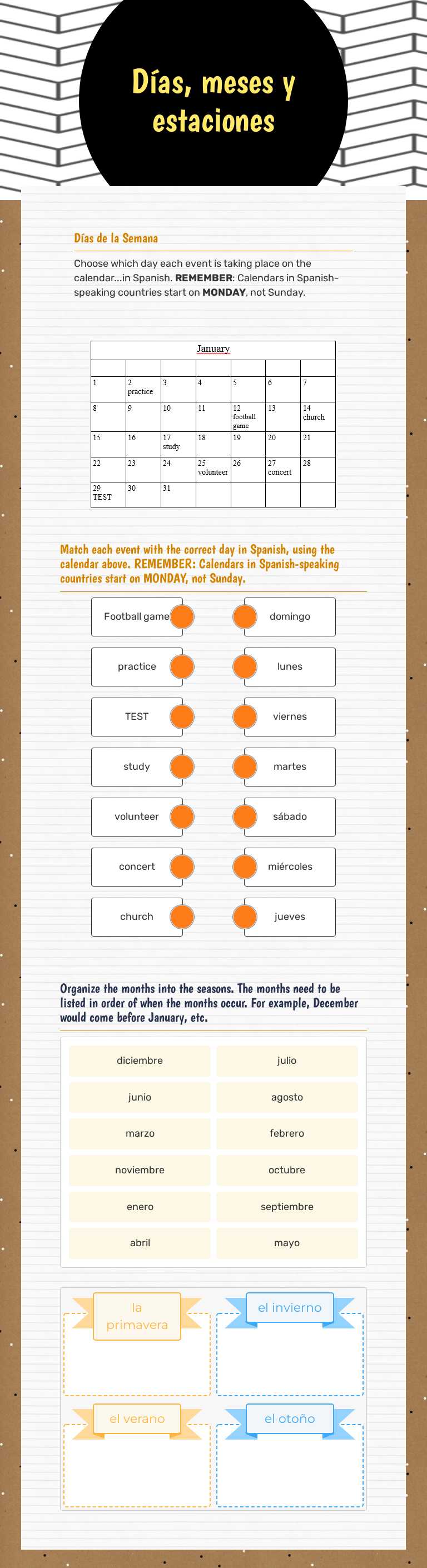 Días, meses y estaciones Grade 9 worksheet preview