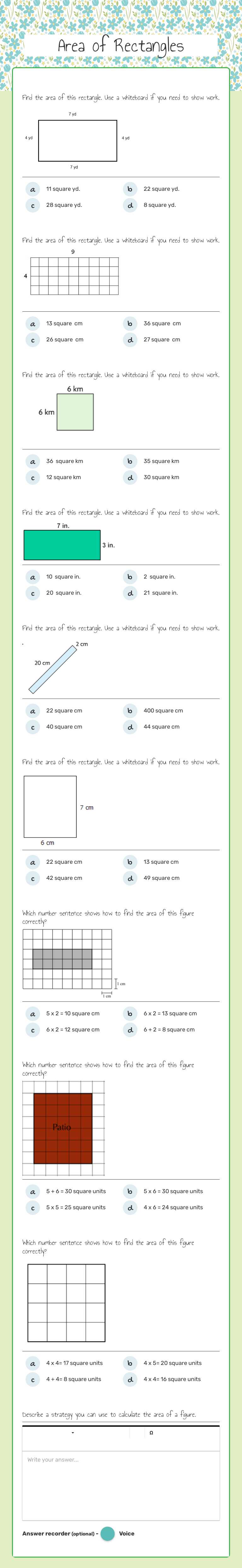 Area of Rectangles Grade 3 worksheet preview