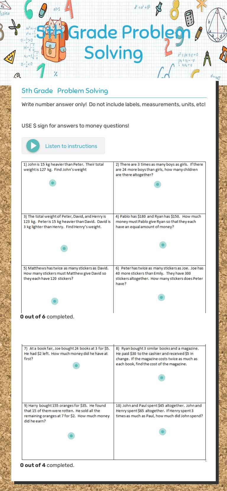 5th Grade                 Problem Solving Grade 5 worksheet preview