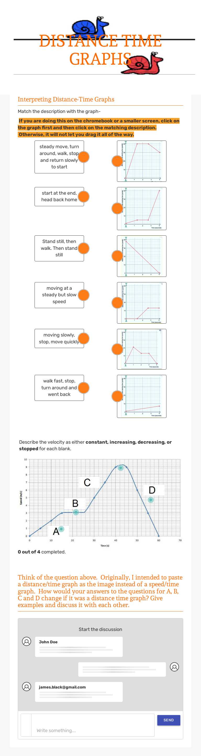 DISTANCE TIME GRAPHS worksheet preview image