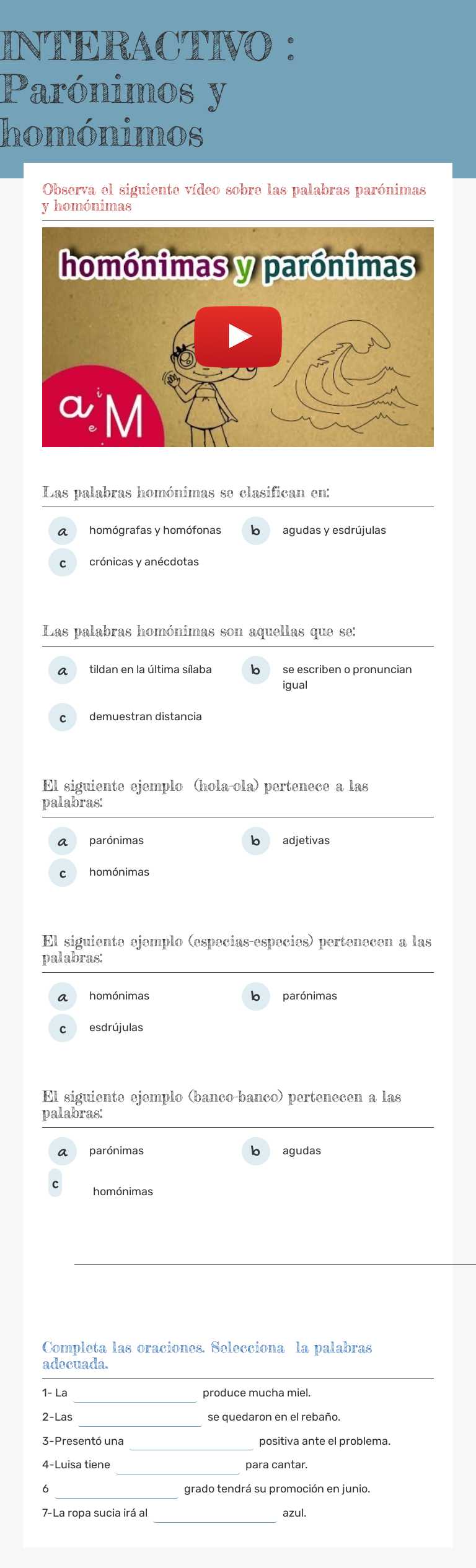 INTERACTIVO : Parónimos y homónimos Grade 4 worksheet preview