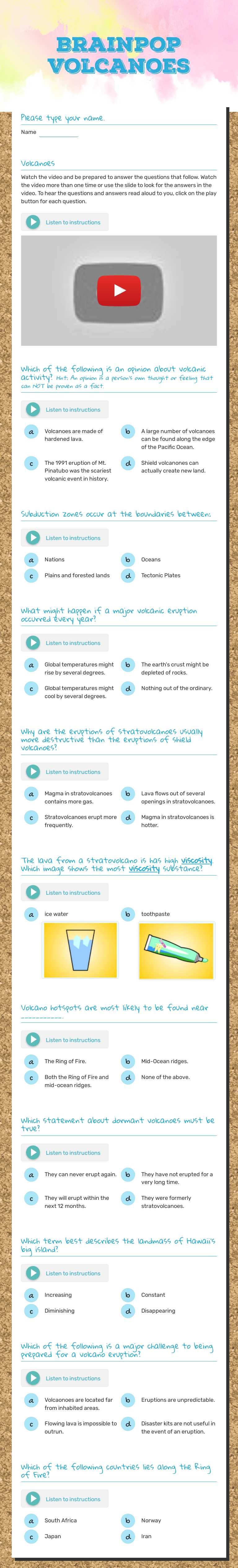Brainpop Volcanoes worksheet preview image