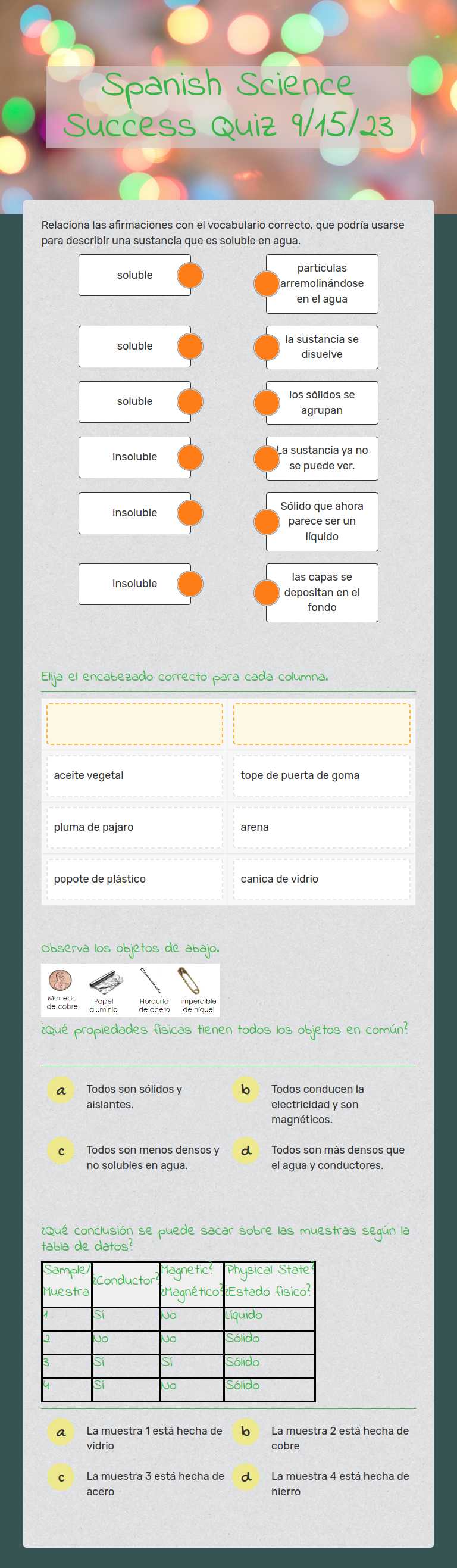 Spanish Science Success Quiz 9/15/23 worksheet preview image