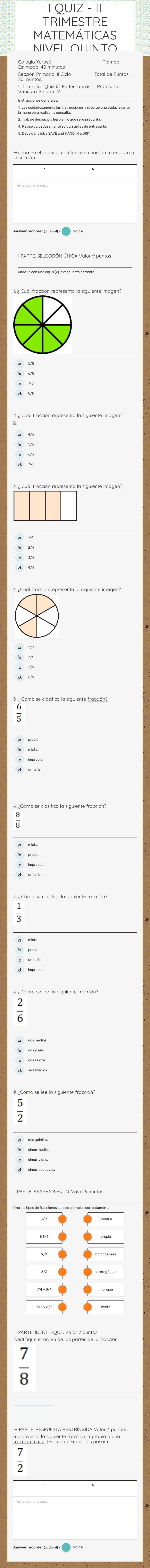 I QUIZ - II TRIMESTRE    
    MATEMÁTICAS    
 NIVEL QUINTO worksheet preview image