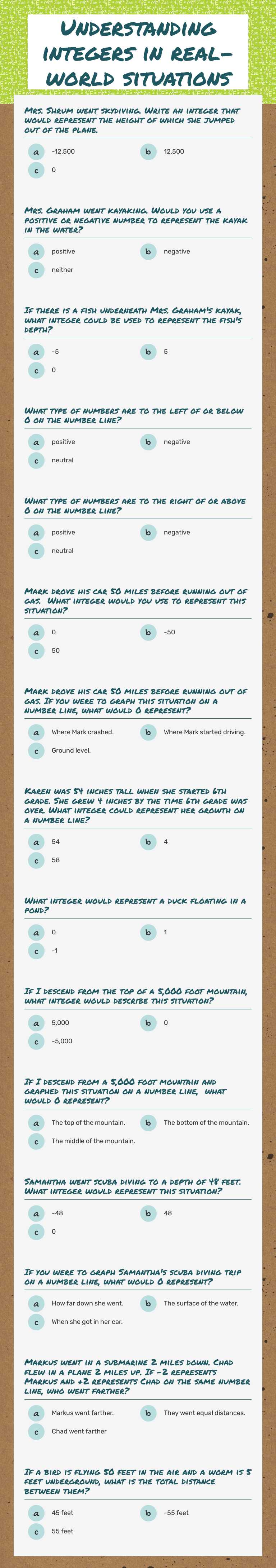 Understanding integers in real-world situations worksheet preview image