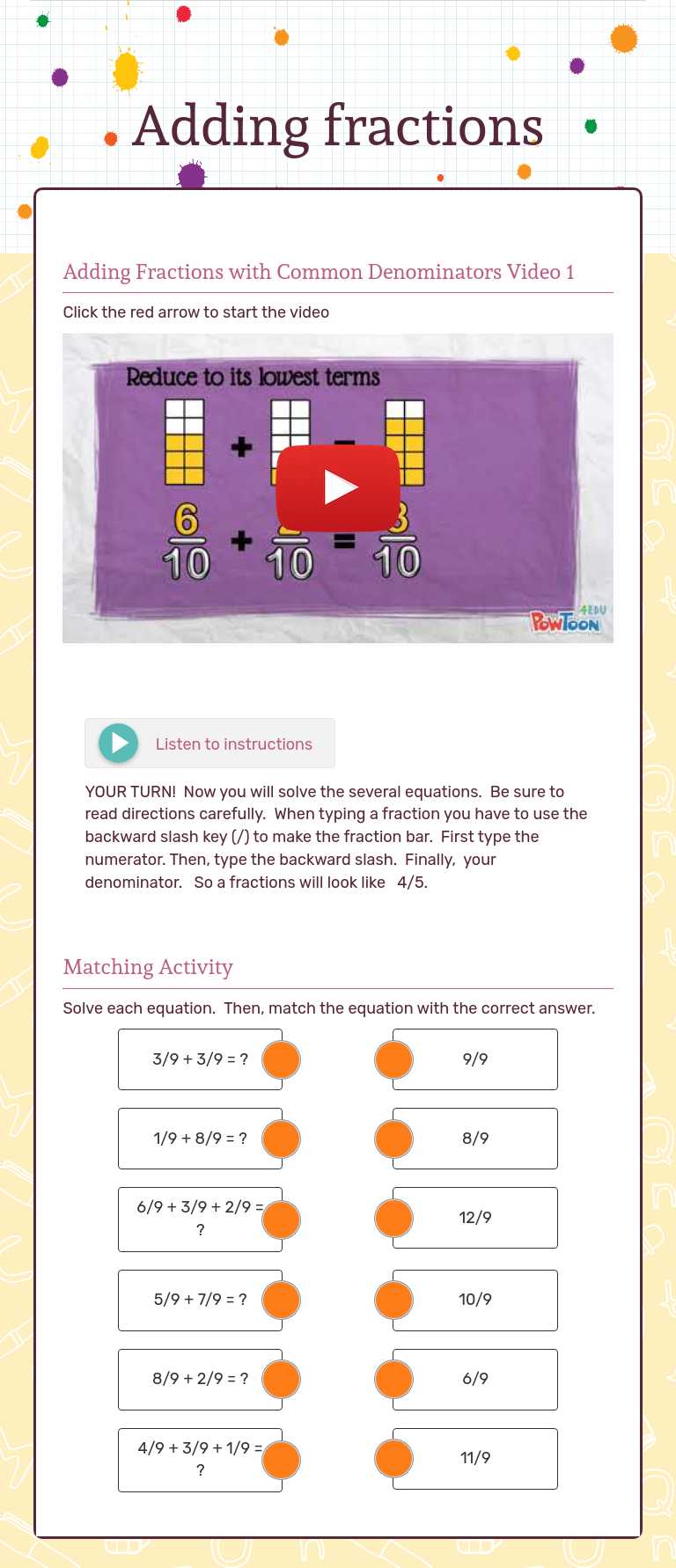 Adding fractions Grade 4 worksheet preview