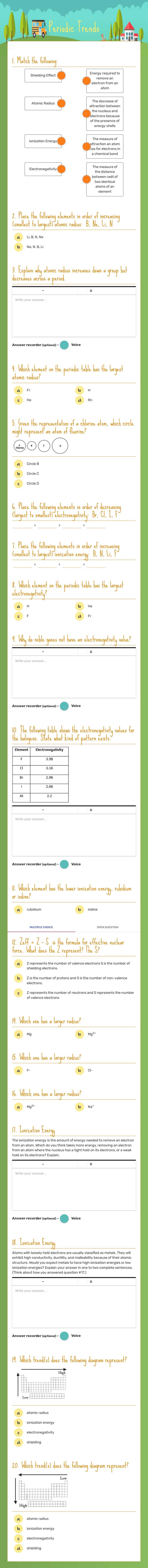 Periodic Trends worksheet preview image