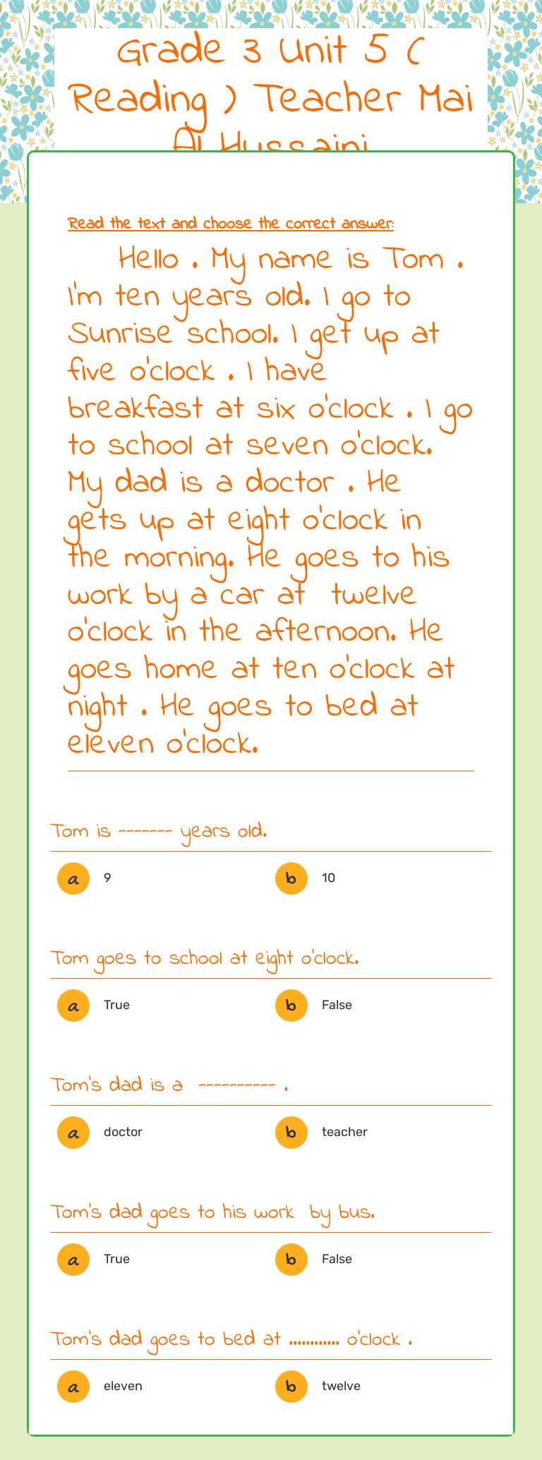 Grade 3 Unit 5     ( Reading )     Teacher Mai Al Hussaini worksheet preview image