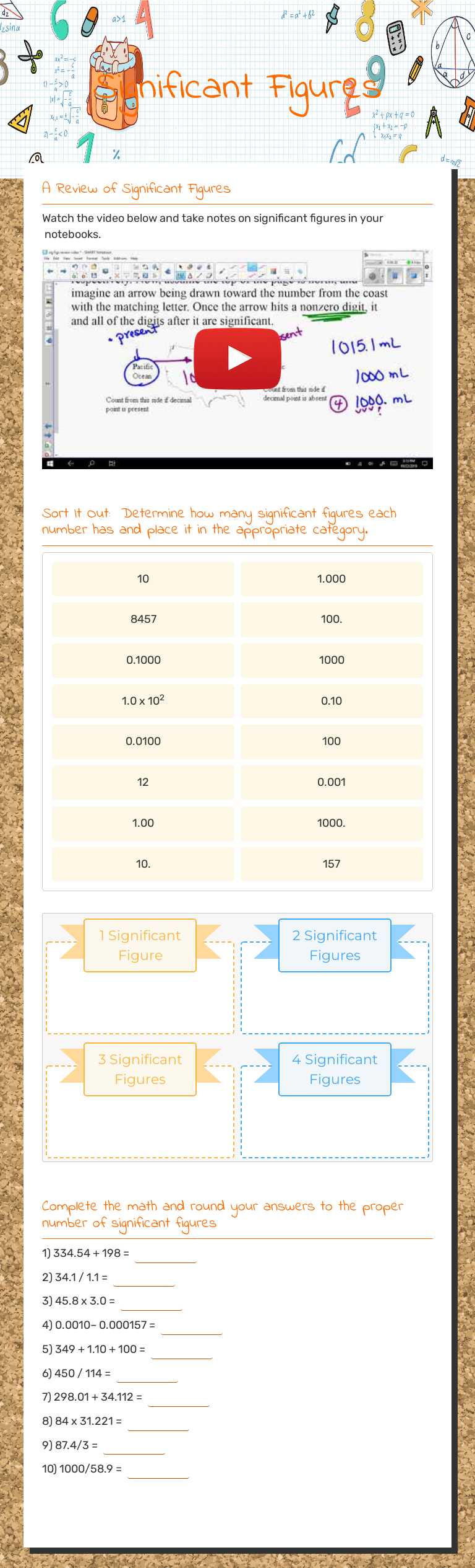 Significant Figures Grade 10 worksheet preview