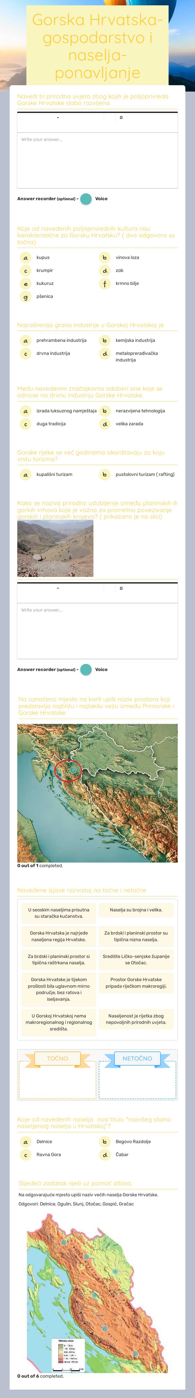 Gorska Hrvatska- gospodarstvo i naselja- ponavljanje worksheet preview image