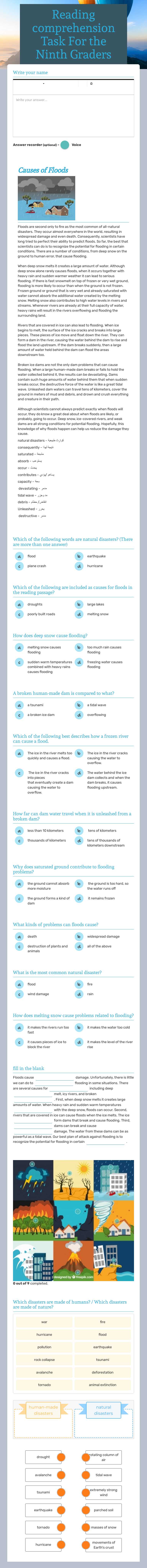 Reading comprehension Task For the Ninth Graders worksheet preview image