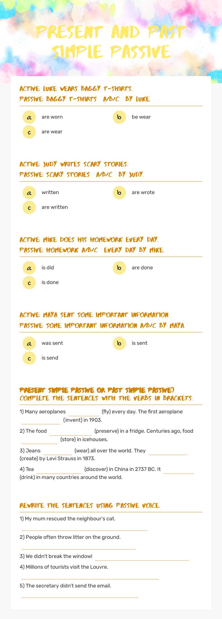 PRESENT AND PAST SIMPLE PASSIVE worksheet preview image
